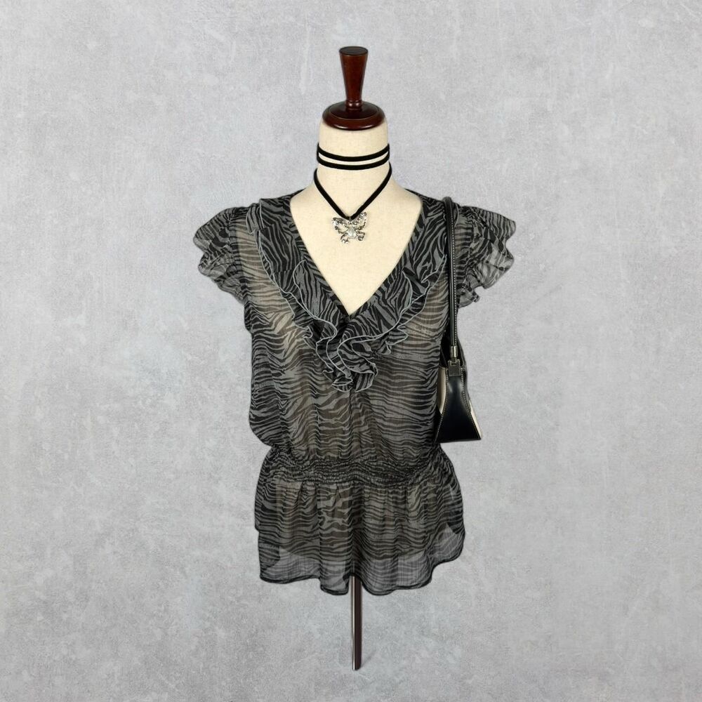 Miley Cyrus for Max Azria Black Sheer Zebra Print Flutter Sleeve Top